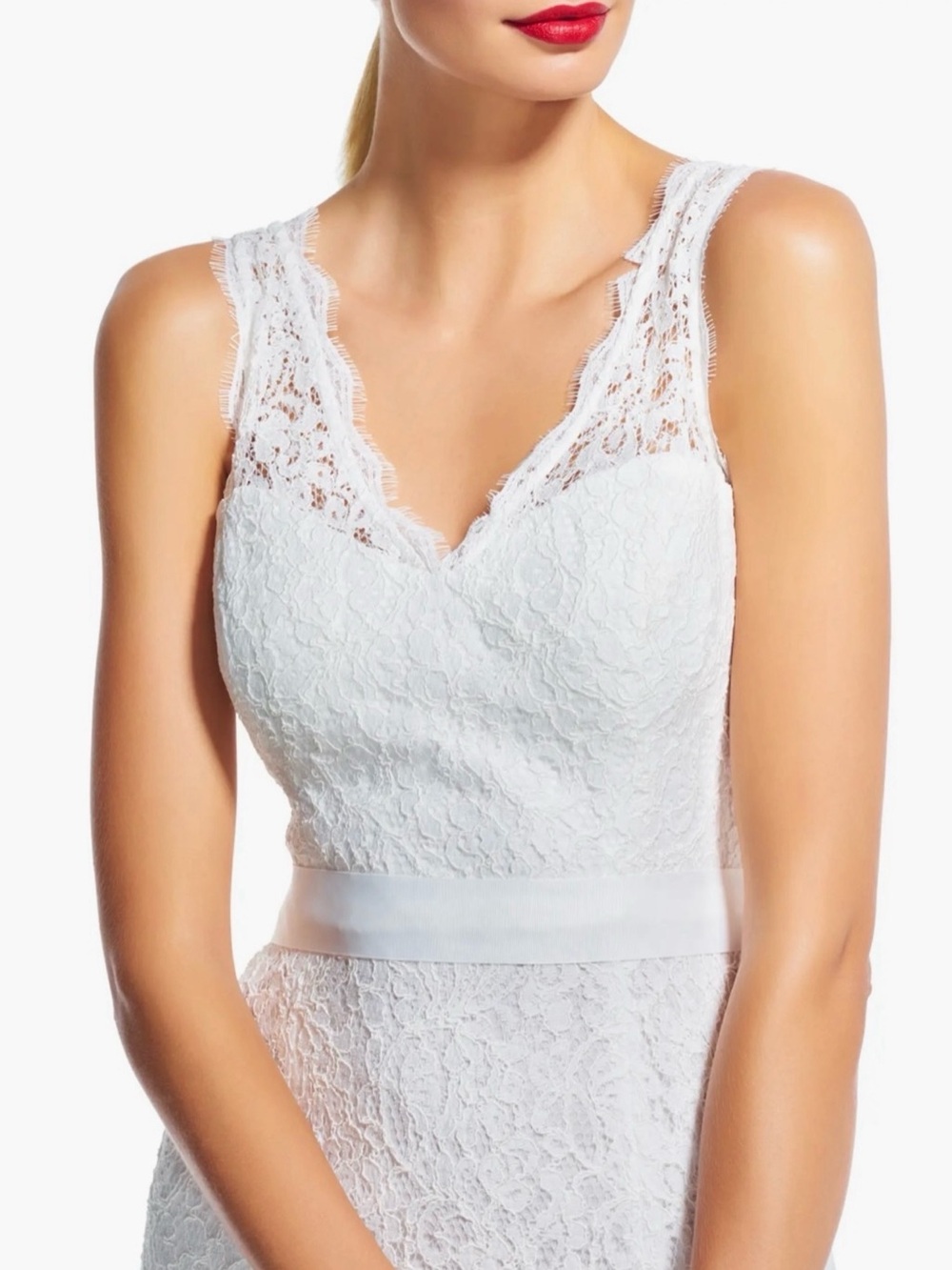 NEW! ADRIANNA PAPELL Lace V-Neck Sleeveless Overlay Illusion Gown